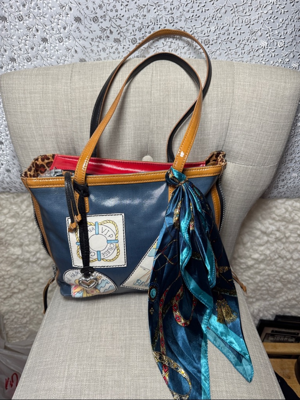 Brighton Navy Blue Tote with Yellow Trim and Multi-Color Graphics